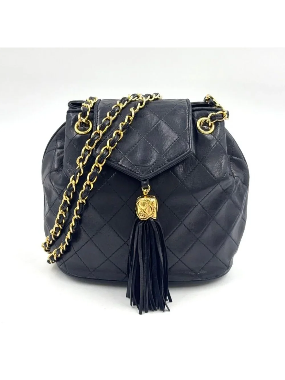 Chanel Quilted Tassel Lambskin Black Chain Shoulder Bag Gold